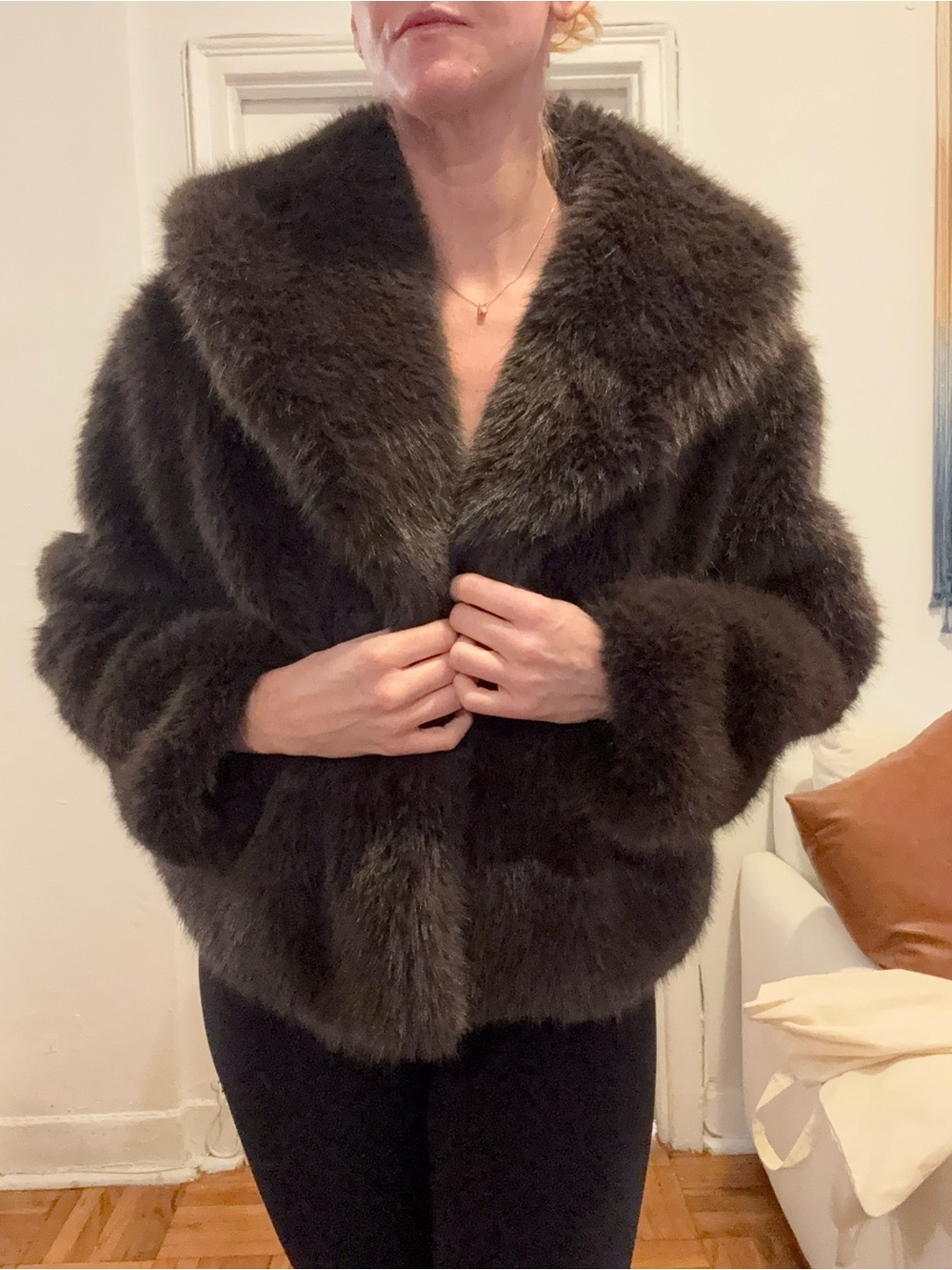 Women's Brown Faux Fur Shawl-Collar Jacket